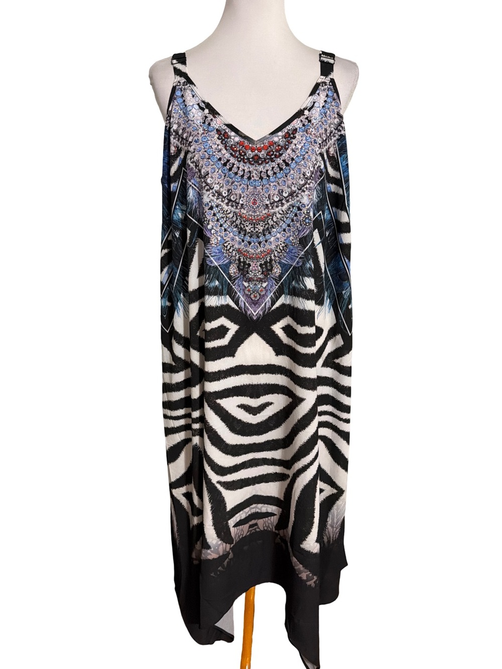 Avenue Black White Zebra Print Maxi Dress Blue Beaded Yoke Size 18 20